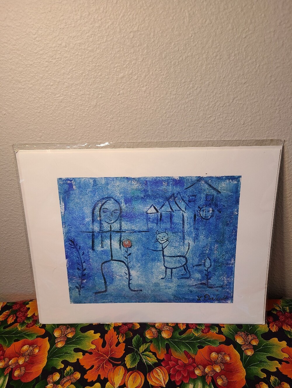 Laurie DeVault Art Print Folk Art Blue Woman & Cat 11x13.5" Whimsy